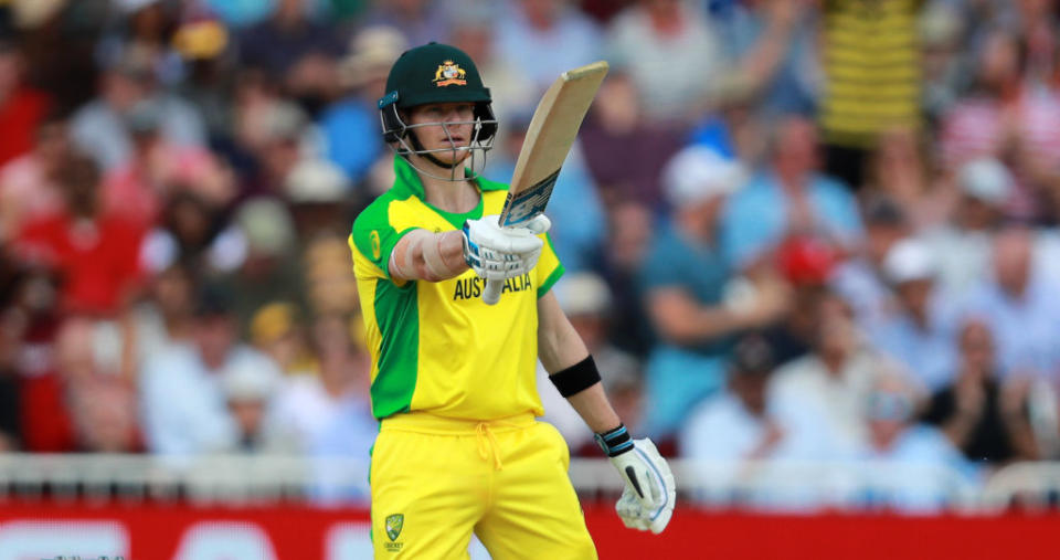 Steve Smith of Australia celebrates his half century during the Group Stage match of the ICC Cricket World Cup 2019 between Australia and the West Indies at Trent Bridge on June 06, 2019 in Nottingham, England. (Photo by David Rogers/Getty Images)