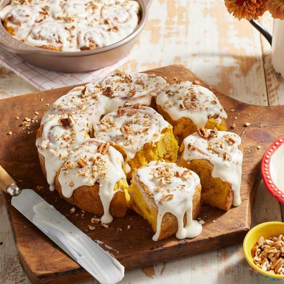 <p>This pumpkin version of Ree's classic cinnamon rolls is perfect for fall! You can go with regular icing or infuse it with maple to pack in even more seasonal flavors.</p><p><strong><a href="https://www.thepioneerwoman.com/food-cooking/recipes/a11247/pumpkin-cinnamon-rolls/" rel="nofollow noopener" target="_blank" data-ylk="slk:Get Ree's recipe.;elm:context_link;itc:0;sec:content-canvas" class="link ">Get Ree's recipe.</a></strong></p>