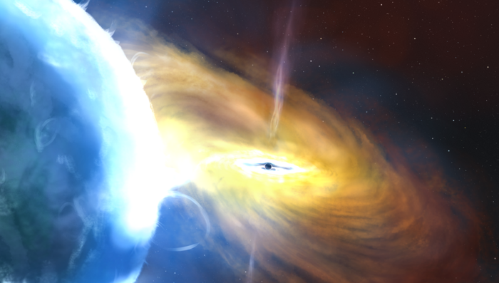  An artist's impression of a black hole sucking in a cloud of hydrogen gas.  