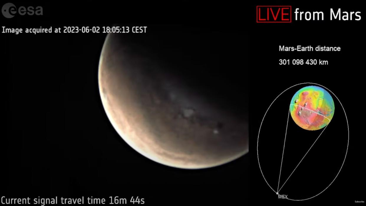  blurry photo of Mars captured by a European orbiter and shared via webcast in near real time. 