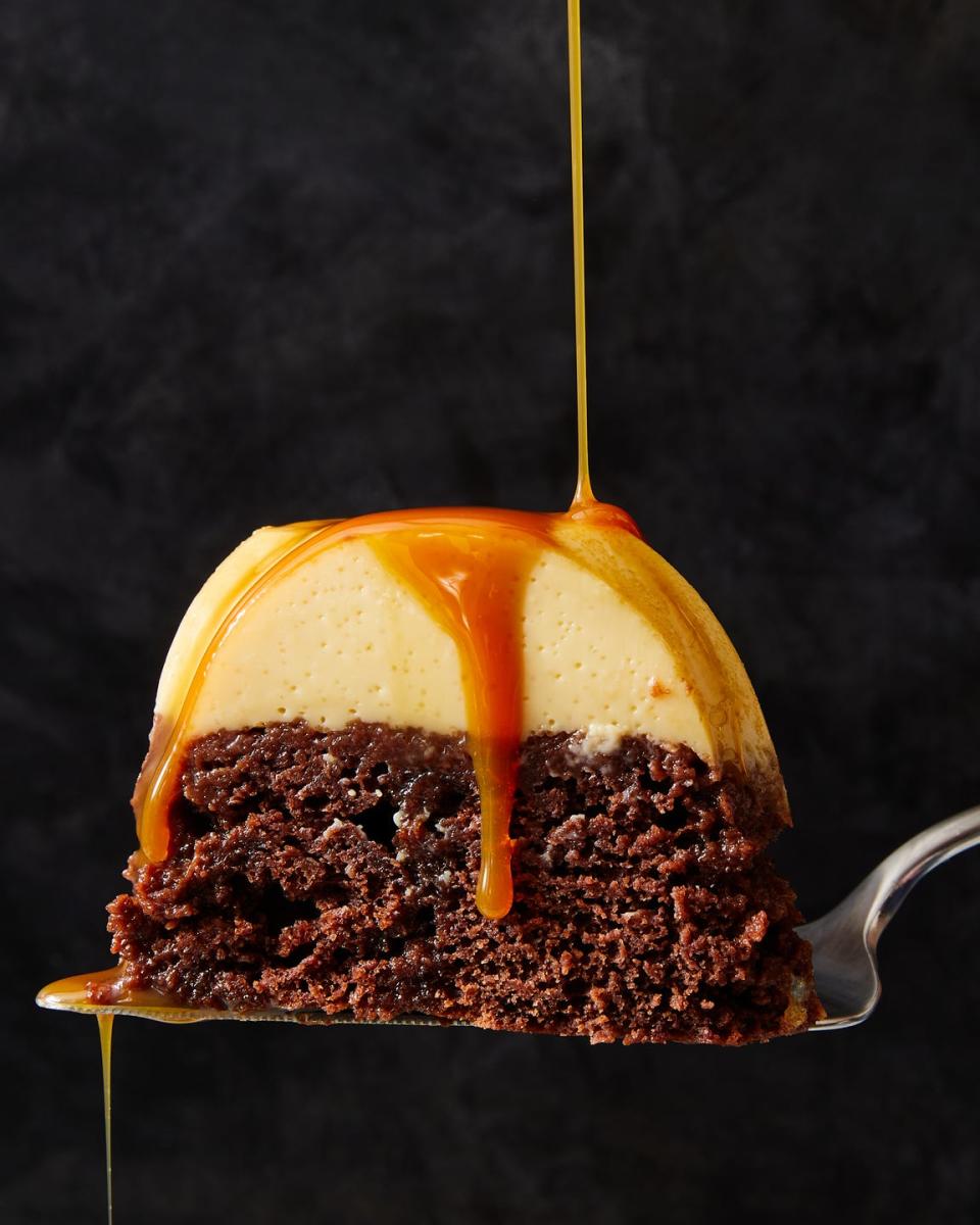 chocoflan with chocolate cake on the bottom and flan on top