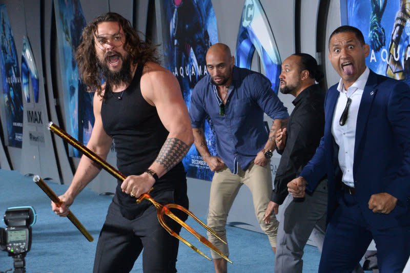 Jason Momoa joins haka dancers at the Los Angeles premiere of "Aquaman" in 2018. File Photo by Jim Ruymen/UPI