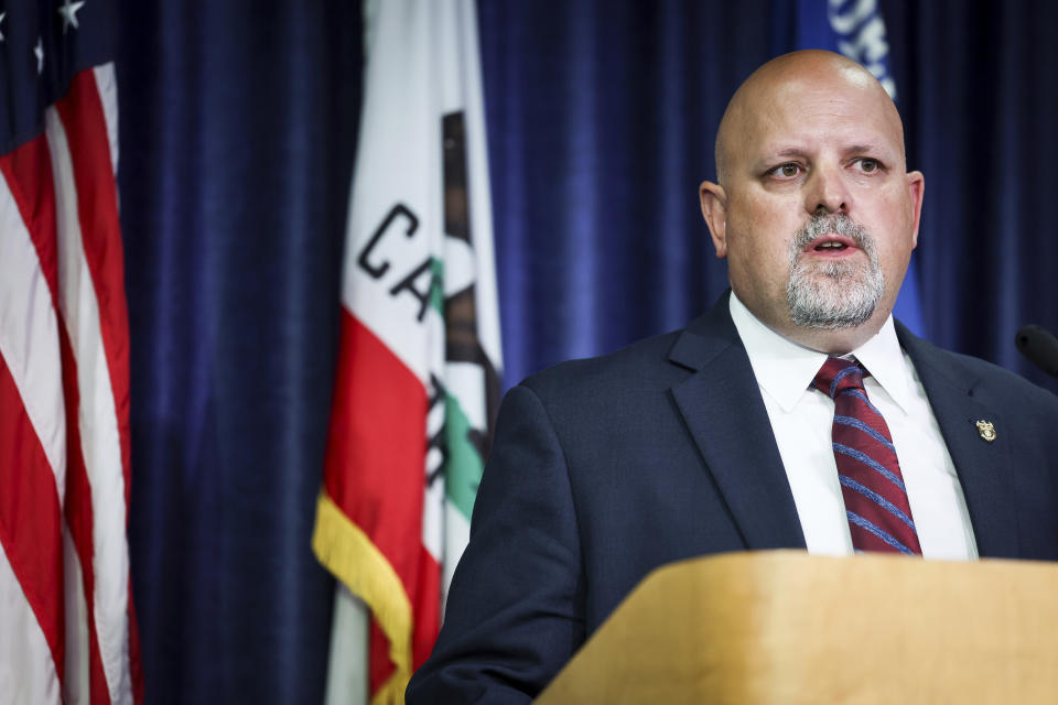 Special Agent in Charge Brice Miller of Naval Criminal Investigative Service, Office of Special Projects, speaks during a press conference at the U.S. Attorney's Office for the Southern District of California on Thursday, Aug. 3, 2023, in San Diego. Two U.S. Navy sailors have been arrested and accused of providing sensitive military information to China — including details on wartime exercises, Naval operations and critical technical material, federal officials said Thursday. (Meg McLaughlin/The San Diego Union-Tribune via AP)