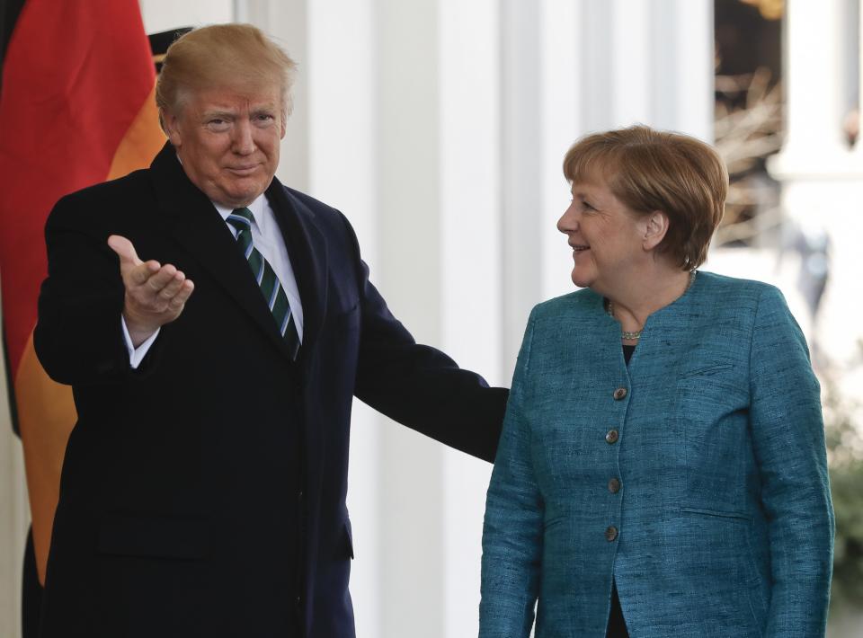 President Donald Trump greets German Chancellor Angela Merkel outside the West Wing of the White House in Washington, Friday, March 17, 2017. (Photo: Pablo Martinez Monsivais/AP)