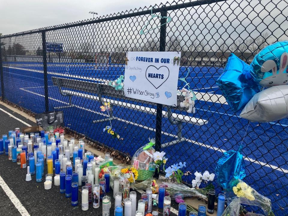 A memorial for Christian Rivera set up at the Sayreville Junior Bombers field.