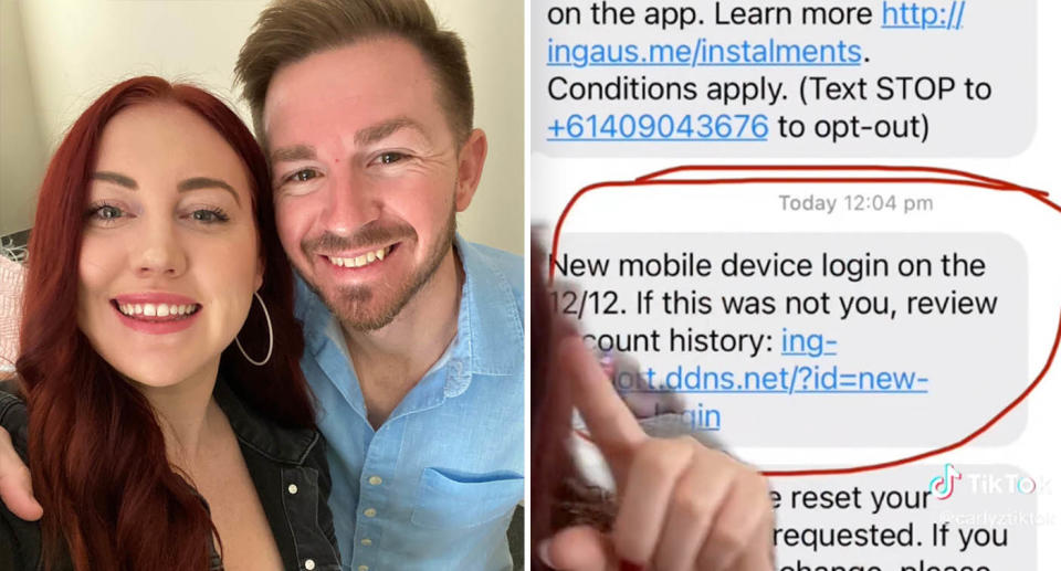 Photo of perth couple and photo of text message woman received that was a scam.