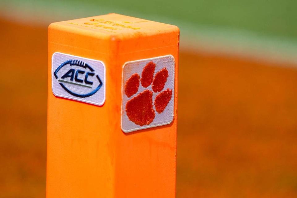 Sep 6, 2014; Clemson, SC, USA; General view of a pylon with the ACC logo during the second half of the game against the Clemson Tigers and the South Carolina State Bulldogs at Clemson Memorial Stadium. Tigers won 73-7.