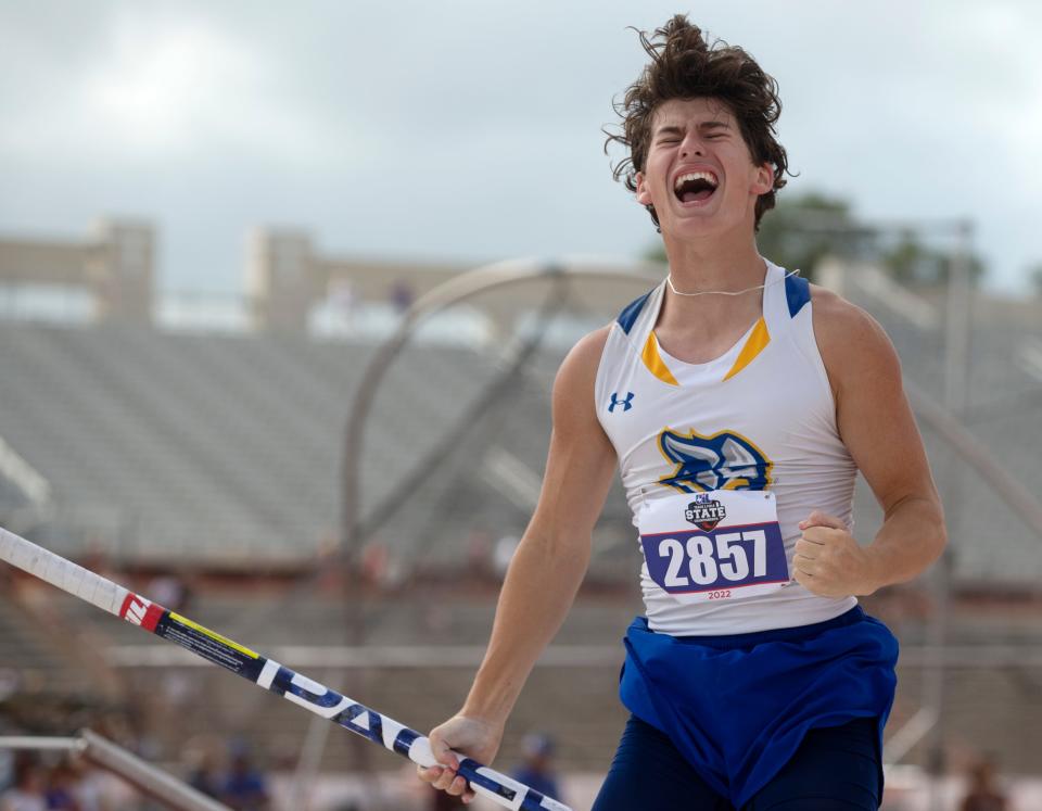 Lago Vista's Kaius Northcutt reacts after clearing his Class 3A pole vault attempt at the UIL State Track and Field meet, Thursday, May 12, 2022, at Mike Myers Stadium in Austin.