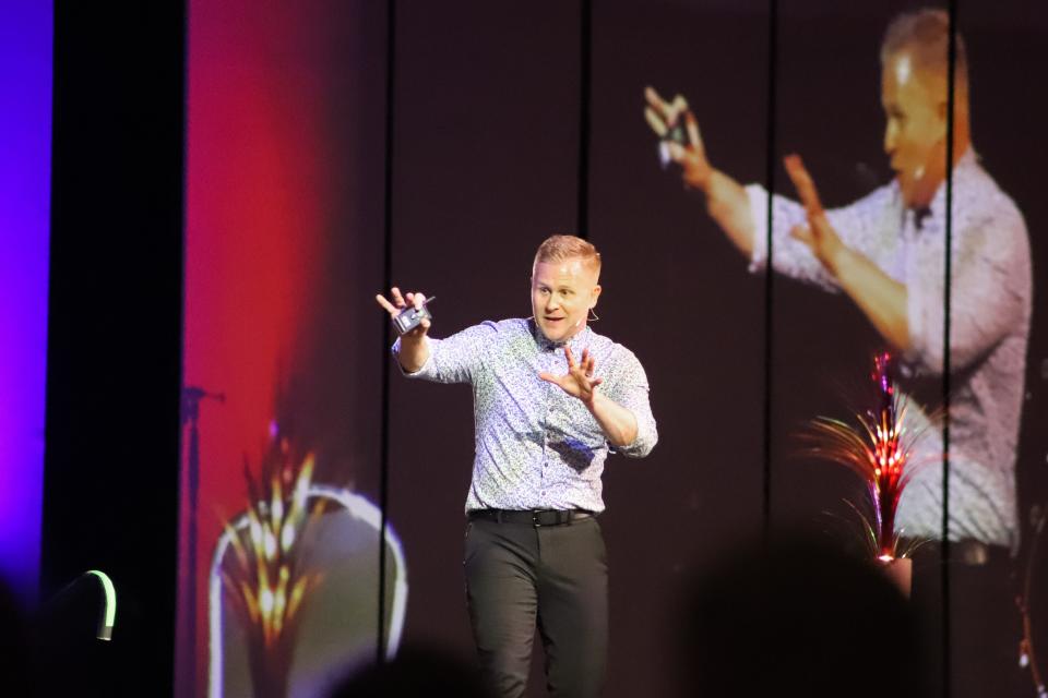 Clint Pulver, who is a professional speaker, author and drummer, talked about employee retention during his keynote speech at the 2023 Experience Sioux Falls Visitor Industry luncheon Tuesday, May 9.