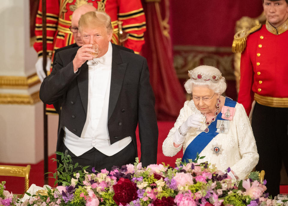 US President Donald Trump and Queen Elizabeth II during the State Banquet at Buckingham Palace, London, on day one of President Trump's three day state visit to the UK.