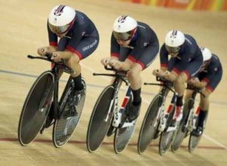 2016 Rio Olympics - Cycling Track - Semifinals - Women's Team Pursuit Semifinals - Rio Olympic Velodrome - Rio de Janeiro, Brazil - 13/08/2016. Laura Trott (GBR) of Britain, Elinor Barker (GBR) of Britain, Kate Archibald (GBR) of Britain and Joanna Rowsell (GBR) of Britain compete in Heat 4. REUTERS/Matthew Childs