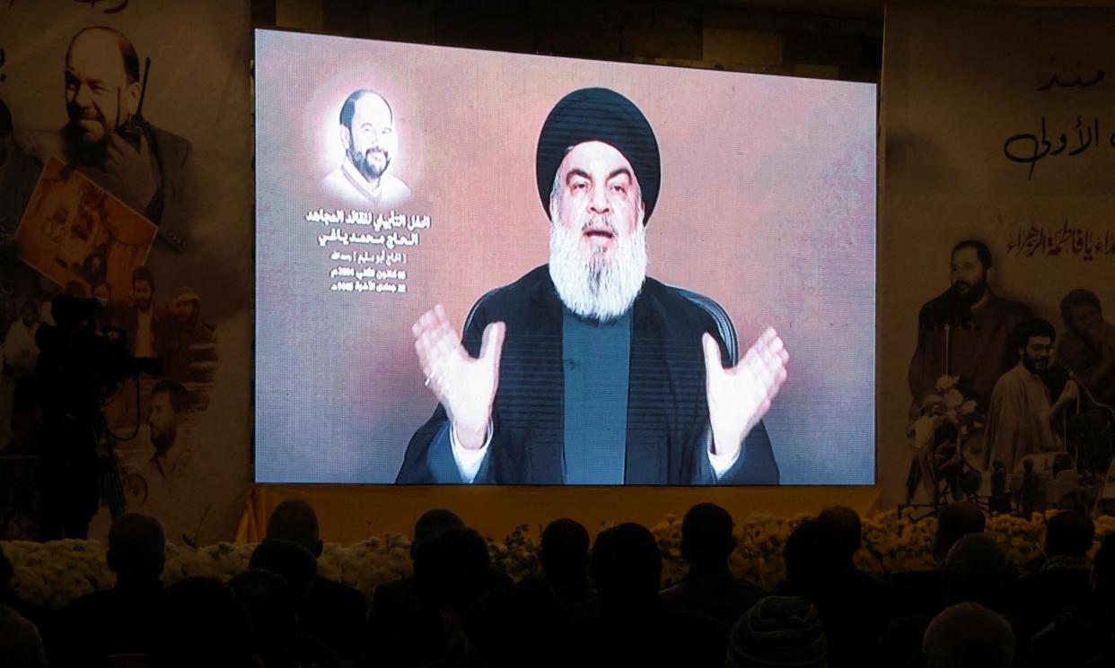 <span>Hezbollah’s leader, Hassan Nasrallah, giving a televised address on the death of Mohammad Yaghi, a senior Hezbollah official, in December.</span><span>Photograph: Mohamed Azakir/Reuters</span>