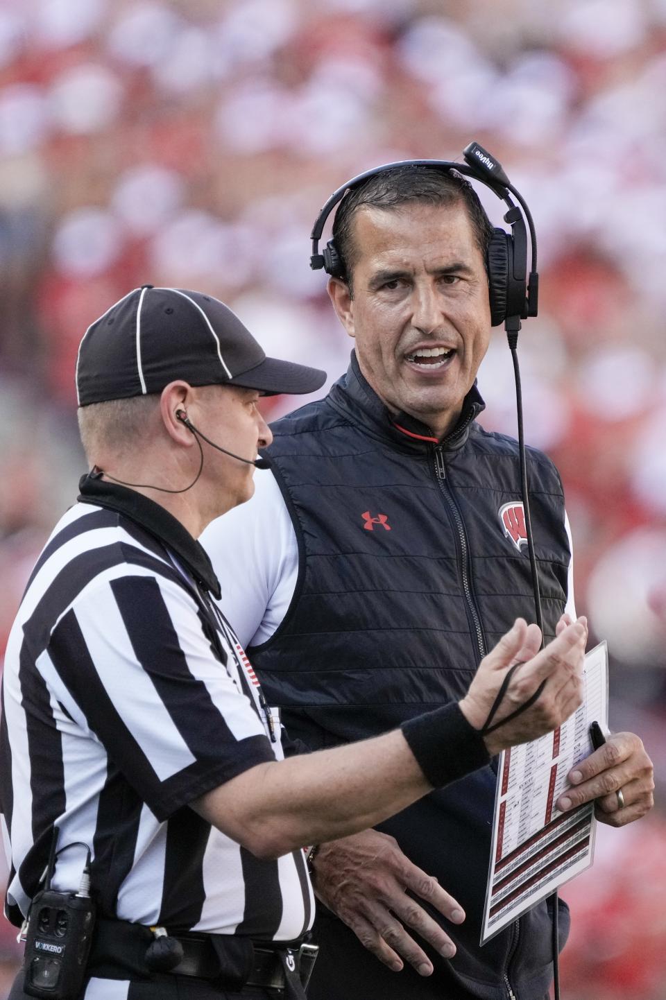 Wisconsin head coach Luke Fickell argues a call during the second half of an NCAA college football game against Buffalo Saturday, Sept. 2, 2023, in Madison, Wis. (AP Photo/Morry Gash)