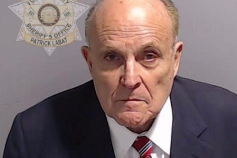 Rudy Giuliani was booked at the Fulton County Jail in Atlanta on August 23 in a criminal case charging him with attempting to overturn the results of the state's 2020 presidential election. Photo courtesy of Fulton County Sheriff's Office/UPI