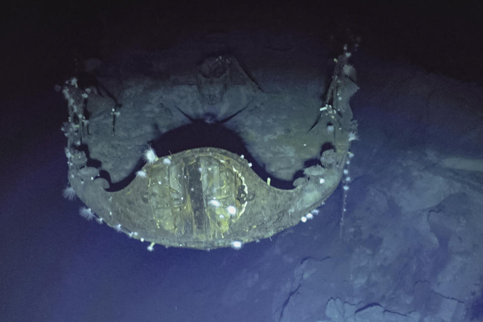 In this photo provided by the Ocean Exploration Trust, the chrysanthemum flower crest, an honored imperial symbol of Japan, can still be seen prominently on the bow of aircraft carrier Akagi 81 years after the aircraft carrier's sinking on Sept. 10, 2023. Footage from remote submersibles taken three miles under the Pacific Ocean is giving the world the first detailed glimpse of three World War II aircraft carriers that sunk in the pivotal Battle of Midway, which marked a shift in control of the Pacific naval theater from Japanese to U.S. forces. (Ocean Exploration Trust/NOAA via AP)