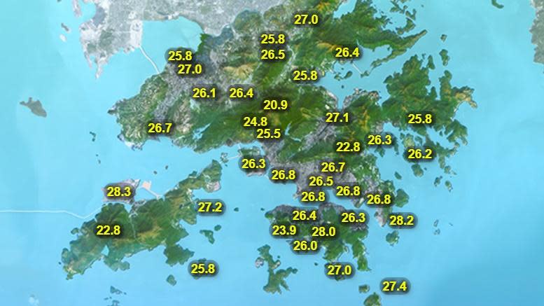 本港地區今日天氣預測多雲，間中有驟雨，雨勢有時頗大及有狂風雷暴。最高氣溫約29度。(香港天文台)