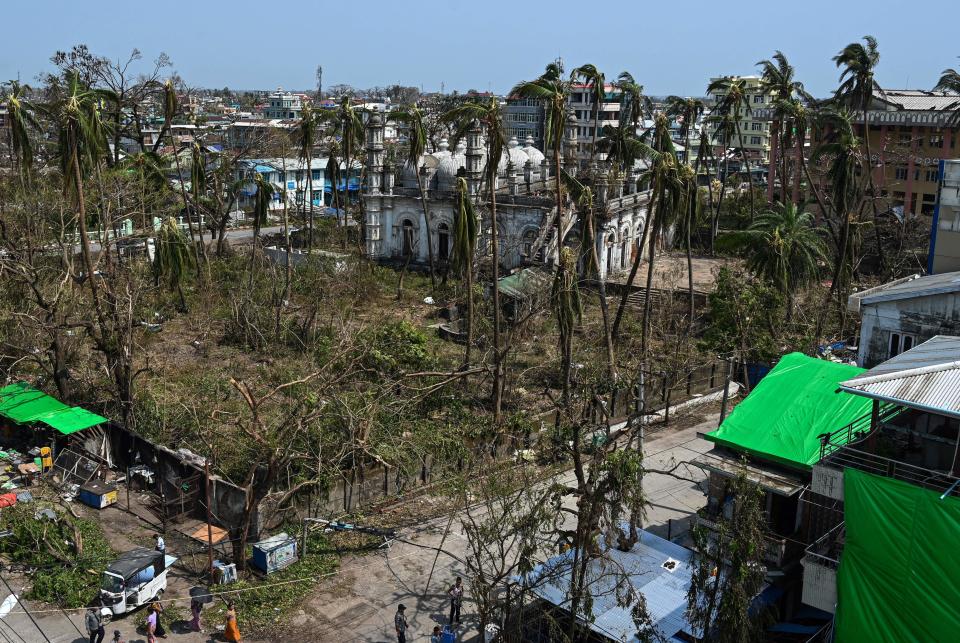 Damage caused by Cyclone Mocha in Sittwe, in Myanmar's Rakhine state, is seen on May 17, 2023, several days after the storm made landfall in Myanmar. / Credit: SAI AUNG MAIN/AFP/Getty