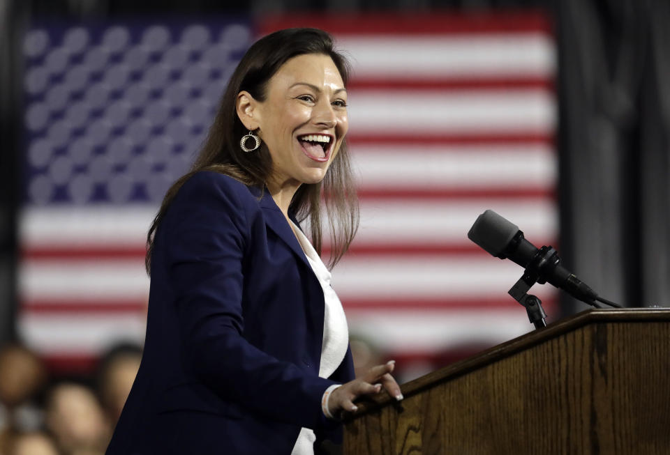 FILE- In this Nov. 2, 2019, Nikki Fried, Democratic candidate for Florida Commissioner of Agriculture, speaks during a campaign rally, in Miami. Fried, the only Democrat currently holding statewide office, has teased a June 1 date to publicly announce whether she will run for Florida governor. (AP Photo/Lynne Sladky, File)