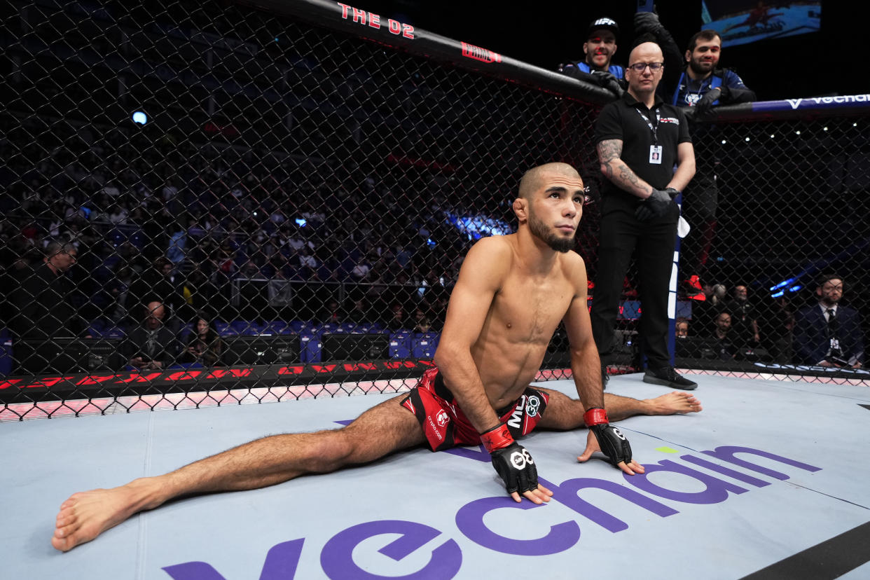 LONDON, ENGLAND - MARCH 18: Muhammad Mokaev of Russia prepares to fight Jafel Filho of Brazil in a flyweight fight during the UFC 286 event at The O2 Arena on March 18, 2023 in London, England. (Photo by Jeff Bottari/Zuffa LLC via Getty Images)