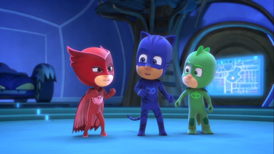 Owlette, Catboy, and Gekko stand wearing their supersuits