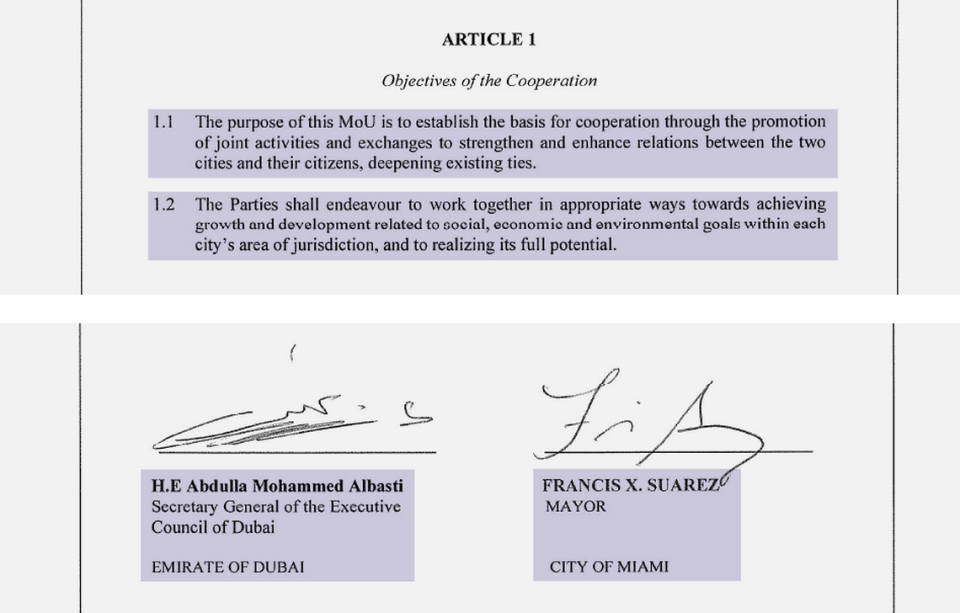 Text from the agreement between Dubai and Miami Mayor Suarez.
