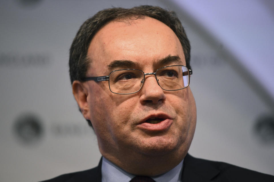 Chief Executive of the Financial Conduct Authority Andrew Bailey speaking at a press conference at the Bank of England in London, Monday Feb. 25, 2019. (Kirsty O'Connor/Pool via AP)