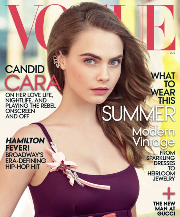 Cara Delevingne on the July cover of Vogue. Photo: Patrick Demarchelier for Vogue.