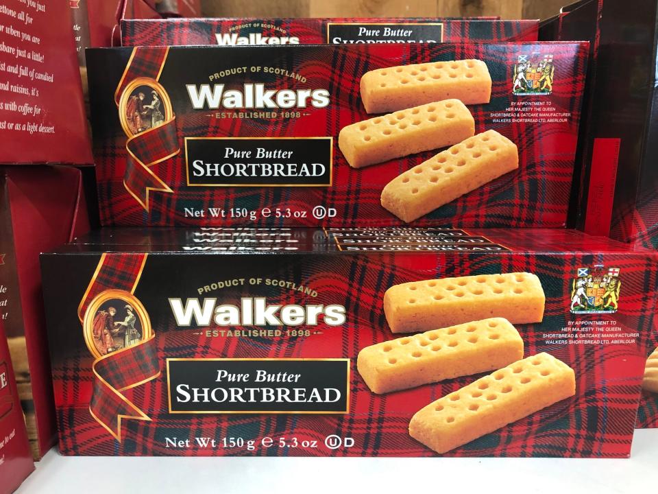 Boxes of Walkers pure butter shortbread cookies.