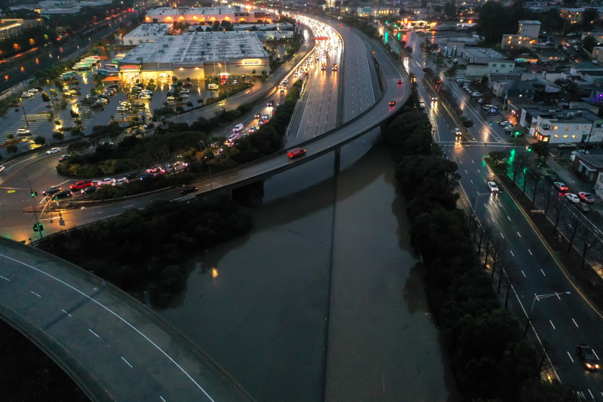 An aerial view of flooding on Highway 101 in San Francisco.
