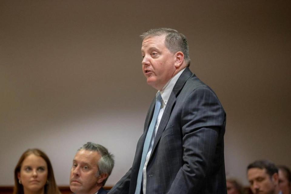 Louisville defense attorney Brian Butler speaks during the arraignment for Brooks Houck at the Nelson County Courthouse in Bardstown, Ky., on Thursday, Oct. 5, 2023. Houck has been charged in the murder of Crystal Rogers.