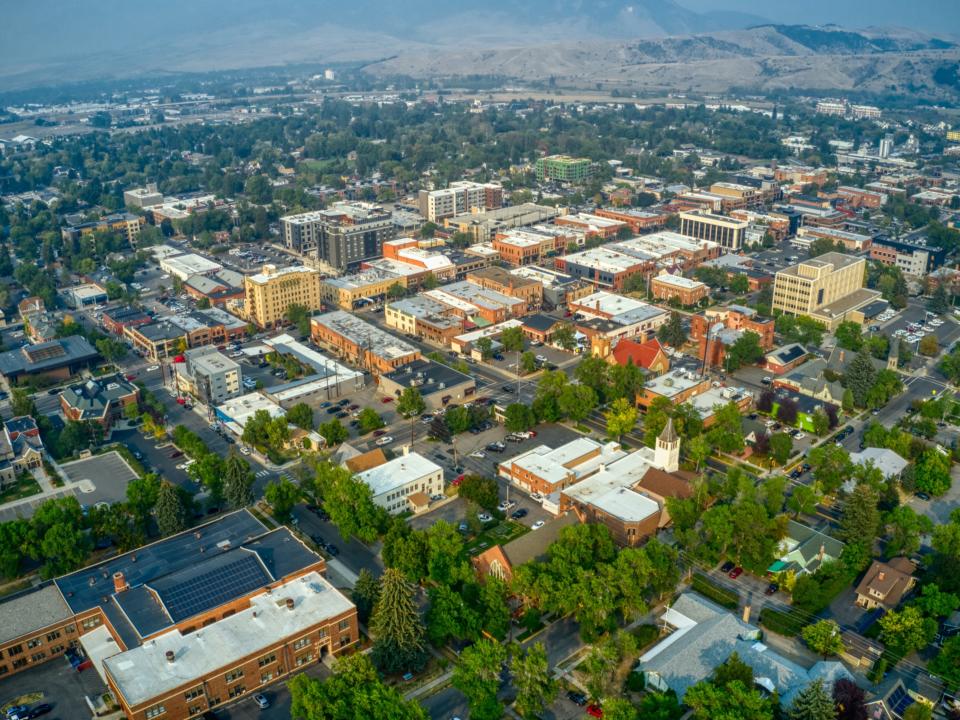 Aerial View of Downtown Bozeman, Montana, in Summer.