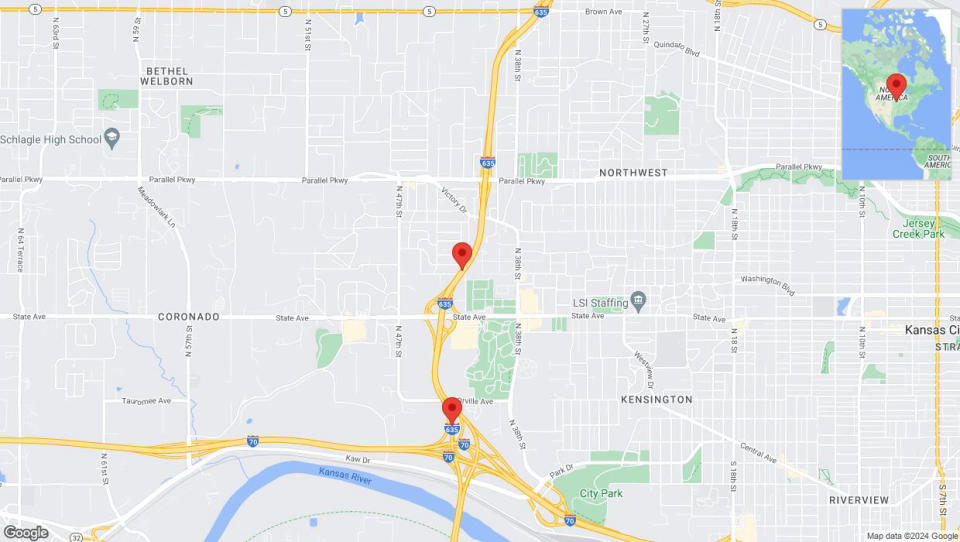 A detailed map that shows the affected road due to 'Lane on I-635 closed in Kansas City' on July 8th at 11:01 p.m.