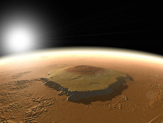 A computer-generated image of Olympus Mons, one of the massive shield volcanoes on Mars (NASA)