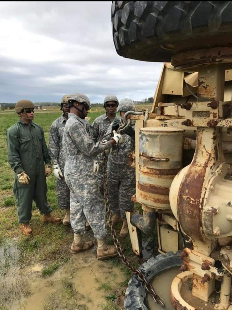 Then Sgt. Christopher Bell and advanced leader course classmates conducting vehicle recovery operations March 2018, Fort Gregg-Adams, Virginia. (Courtesy)