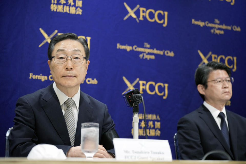 Tomihiro Tanaka, left, the President of Family Federation for World Peace and Unification and Tatsuya Yamada, right, head of legal division of Family Federation for World Peace and Unification attend a press conference Wednesday, Aug. 10, 2022, in Tokyo. Tanaka denied any “political interference” with specific political parties and said Prime Minister Kishida’s call for his party members to distance themselves from the church was “regrettable.” Kishida reshuffled his Cabinet on Wednesday in an apparent bid to distance his administration from the Unification Church, whose ties to the assassinated leader Shinzo Abe and senior ruling party leadership caused a major drop in approval ratings. (AP Photo/Eugene Hoshiko)