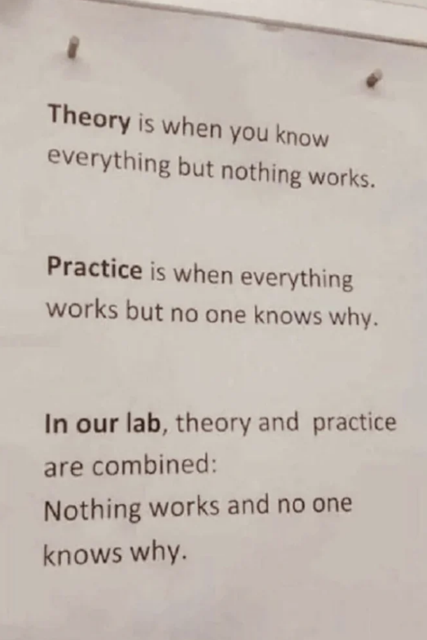 Sign with humorous text about theory and practice: "Theory is when you know everything but nothing works. Practice is when everything works but no one knows why. In our lab, theory and practice are combined: Nothing works and no one knows why."