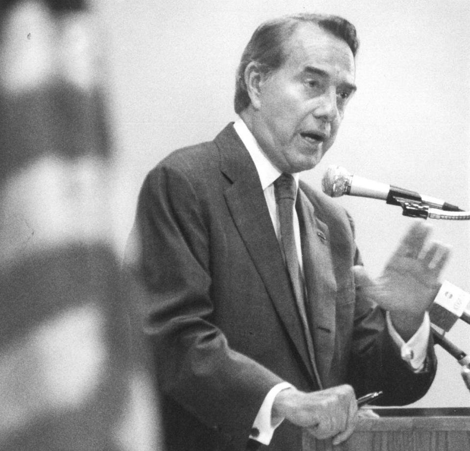 After a 1945 World War II injury took away full use of his right hand, former U.S. Sen. Bob Dole typically kept a pen or pencil in it to keep people from approaching him to shake it.