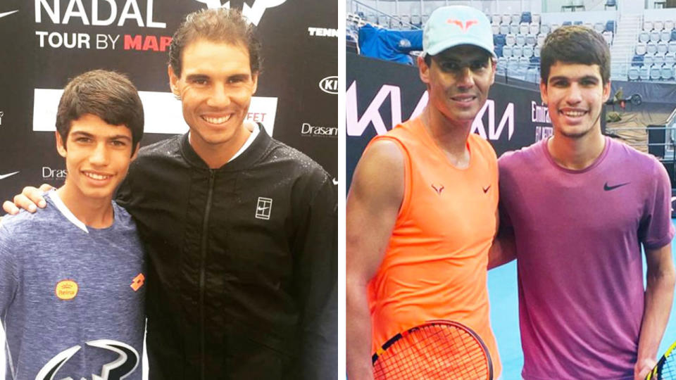 Rafael Nadal hugging tennis star Carlos Alzaraz when he was younger (pictured left) and during training when they are older (pictured right).