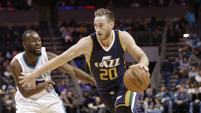 Utah Jazz’s Gordon Hayward (20) drives past Charlotte Hornets’ Kemba Walker (15) during an NBA basketball game in Charlotte, N.C., Wednesday, Nov. 9, 2016. Hayward was a No. 9 pick in the NBA draft.