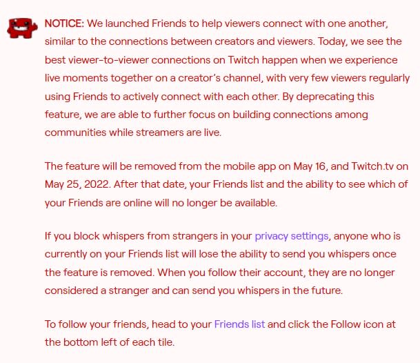 再也沒有上線通知 Twitch宣布將在5月底移除好友功能