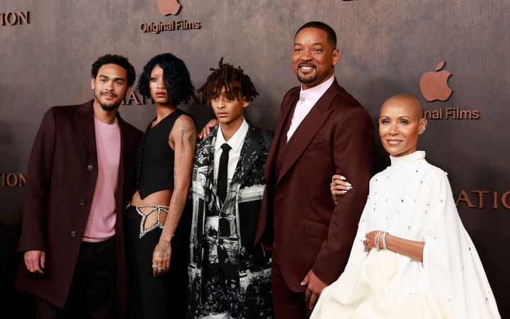 Trey Smith, Willow Smith, Jaden Smith, Will Smith and Jada Pinkett Smith arrive for the premiere of Apple Original Films' "Emancipation" in 2022.