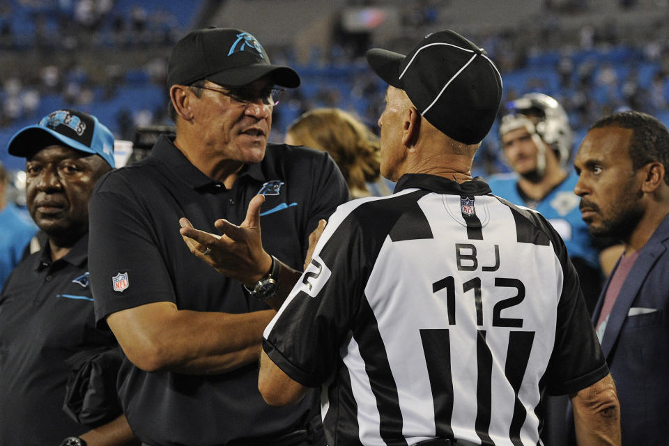 Carolina Panthers head coach Ron Rivera argues with an official. (AP)