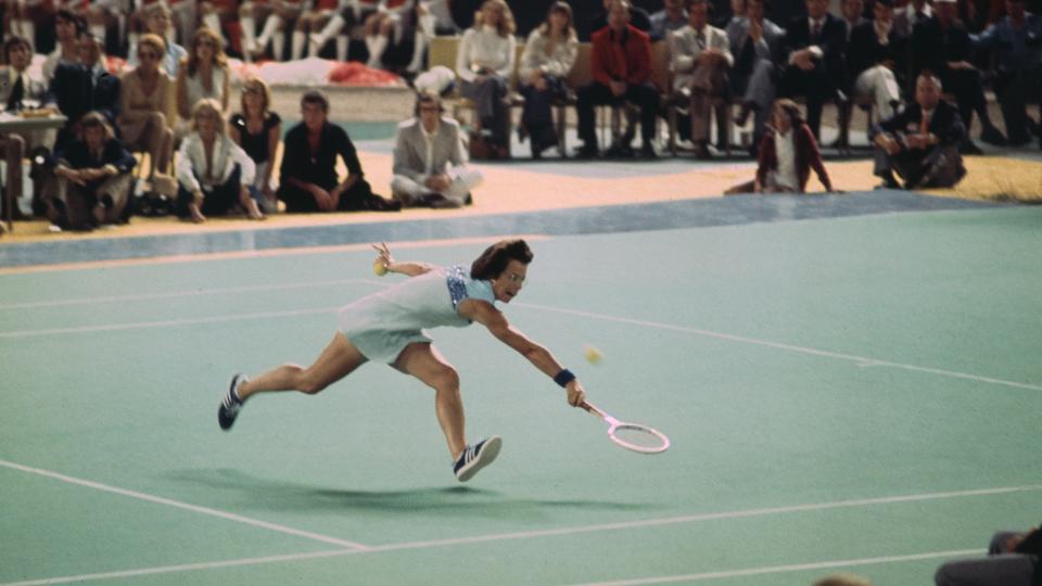 Billie Jean King plays in Battle of the Sexes tennis match