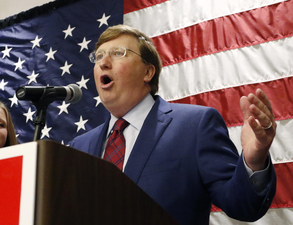 Lt. Gov. Tate Reeves celebrates before supporters after being declared winner of the runoff for the Republican nomination for governor in Jackson, Miss., Tuesday evening, Aug. 27, 2019. Reeves beat former Mississippi Supreme Court Chief Justice Bill Waller Jr., in the runoff. (AP Photo/Rogelio V. Solis)