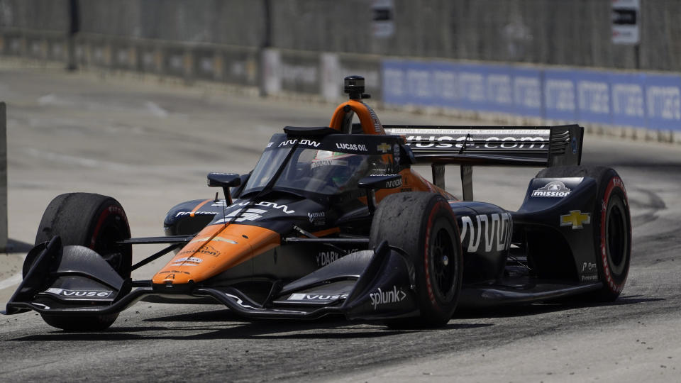 Pato O'Ward (5) races during the second race of the IndyCar Detroit Grand Prix auto racing doubleheader on Belle Isle in Detroit Sunday, June 13, 2021. O'Ward won the race. (AP Photo/Paul Sancya)