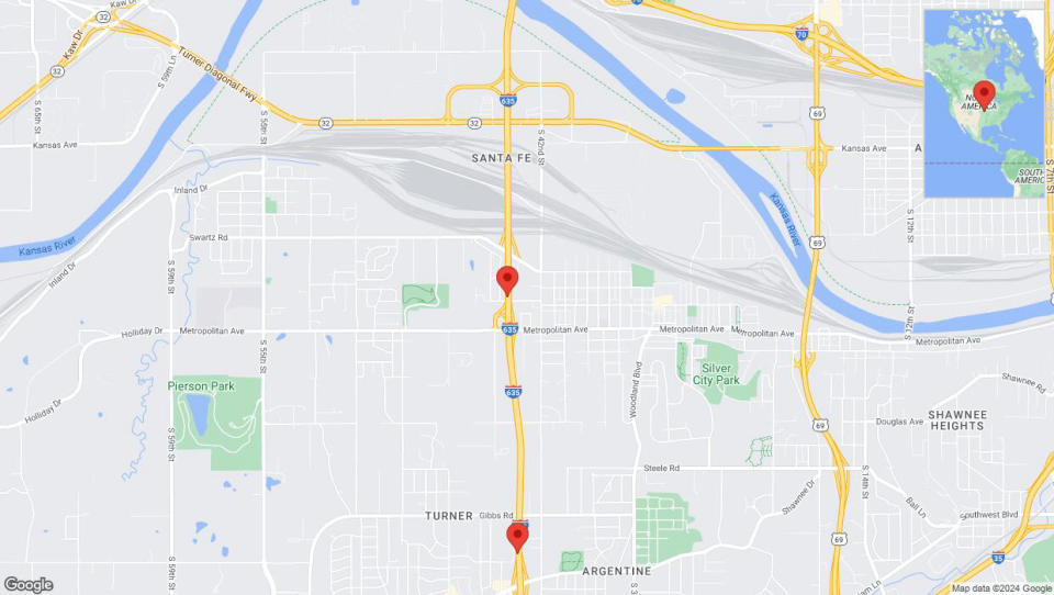 A detailed map that shows the affected road due to 'Heavy rain prompts traffic warning on southbound I-635 in Kansas City' on May 19th at 10:58 p.m.