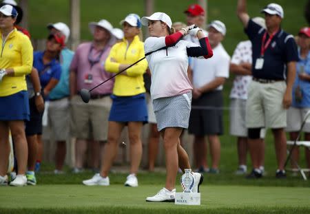 Aug 19, 2017; West Des Moines, IA, USA; USA golfer Cristie Kerr tees off on the 4th hole during the second round morning session during The Solheim Cup international golf tournament at Des Moines Golf and Country Club. Mandatory Credit: Brian Spurlock-USA TODAY Sports