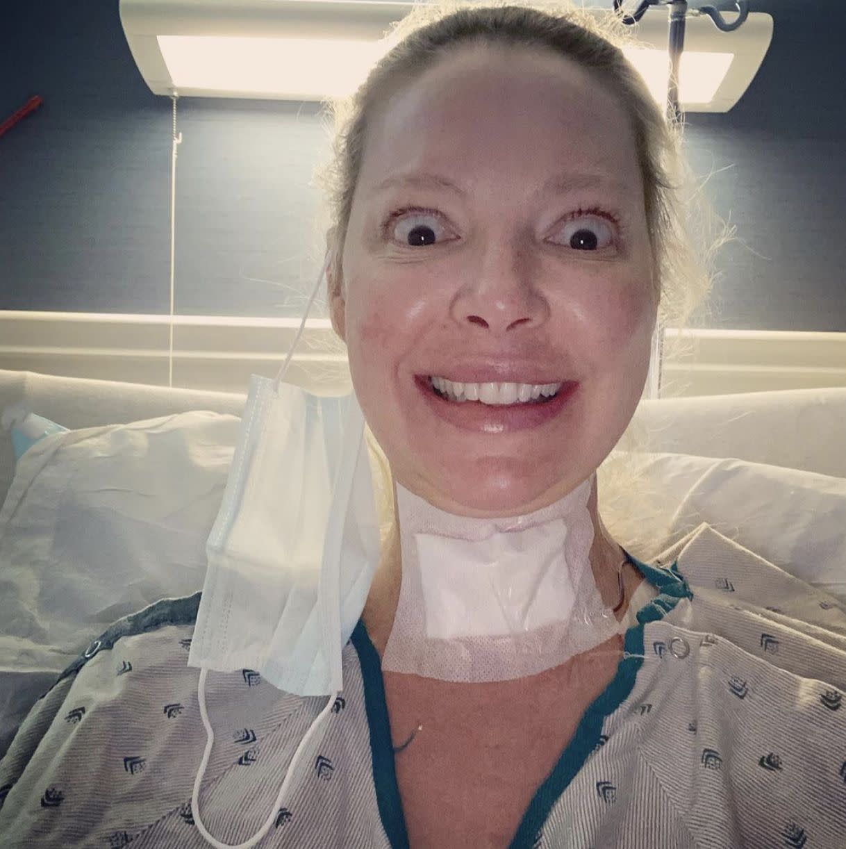 Katherine Heigl snaps a smiling selfie after surgery from her hospital bed. "Well...I am now bionic!! Two titanium disk now inhabit my neck and I can probably stand on my head for like hours...I’m not gonna try it just yet but give me a few months and I’ll blow your mind!! I am so deeply deeply grateful to the incredible Dr’s and care team that saved me from the most excruciating pain I have ever experienced and blessed me with a new pain free lease on life!"