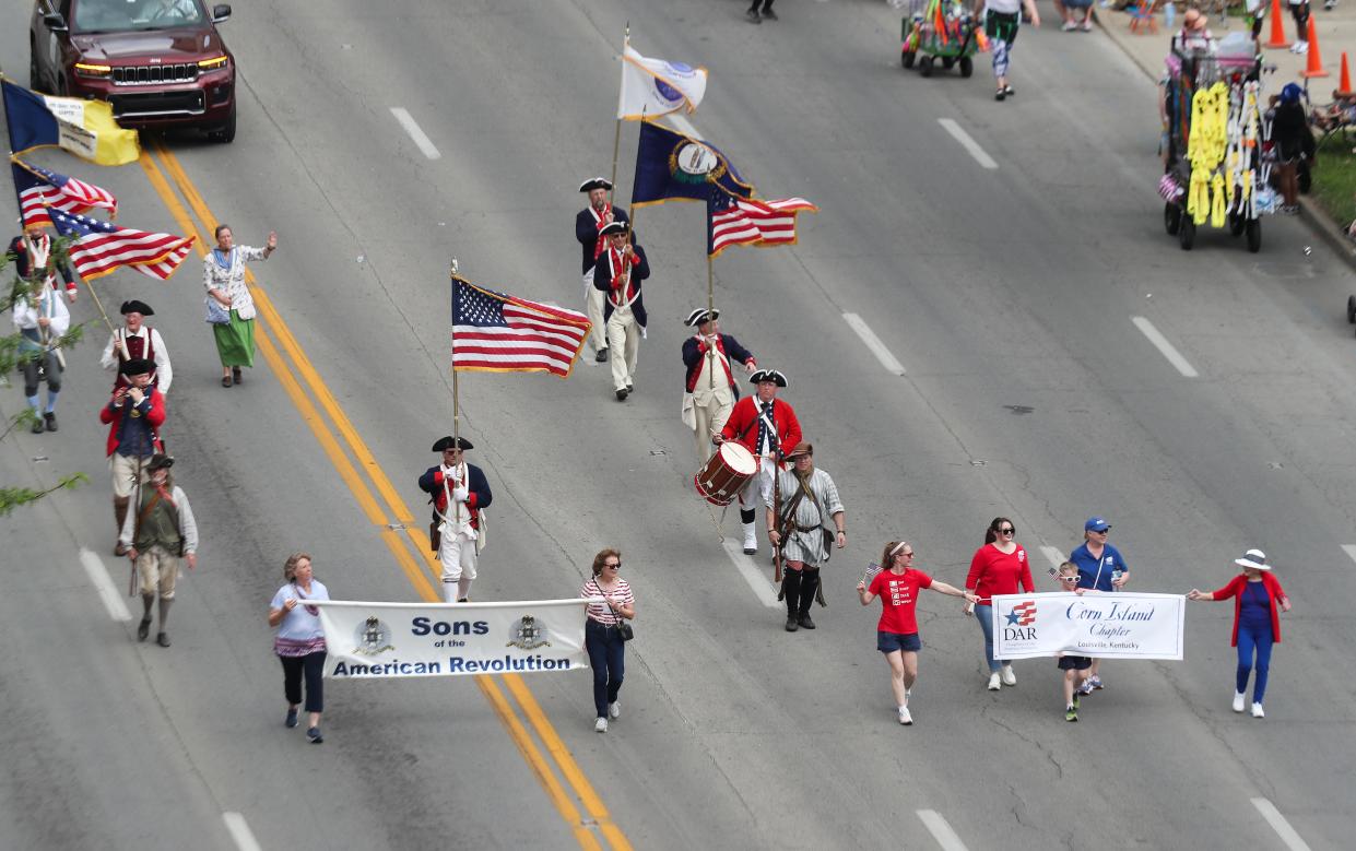 The Sons of the American Revolution during the Kentucky Derby Festival Parade in Louisville, Ky. on Apr. 28, 2024. The theme was “Celebrating Derby 150.”
