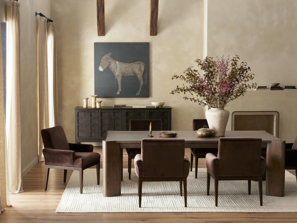 alessio sideboard smoked black, bryland dining chair surrey cocoa, burro noche by paul meyer, geist rug akara cream 9'x12', soho dining table aged natural oak